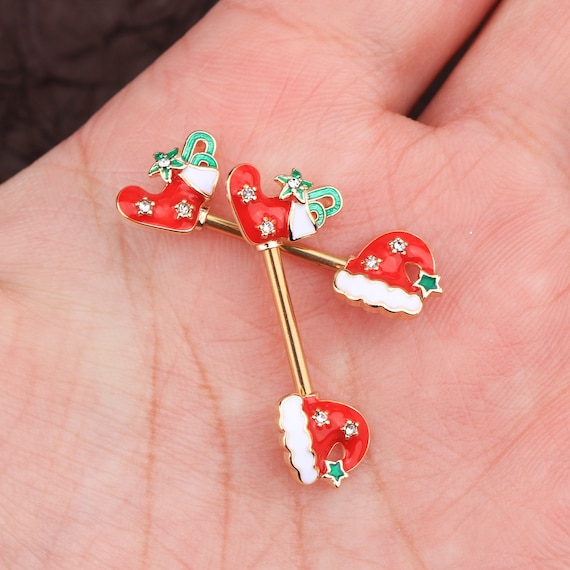 14G 2pcs Gold Christmas Nipple Barbell Nipple Ring Nipple