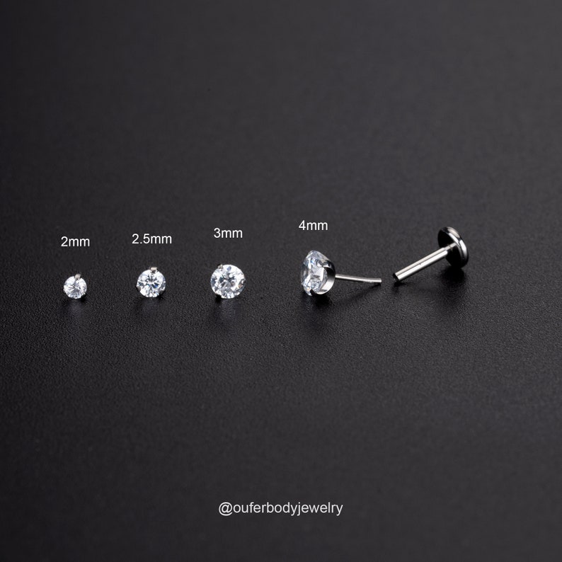 20g/18g/16g Grado de implante Punta de titanio CZ Pasador de empuje sin rosca Labret/Tragus/Cartílago/Concha/Hélice Pendiente de espalda plana/Perno de nariz 2, 2,5,3,4 mm imagen 2