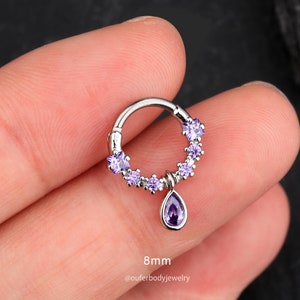 Cerchio per setto nasale con zirconi cubici viola a goccia da 16G/Clic per setto nasale/Anello per daith con pendente/Orecchino per elica/Gioielli per setto nasale/Trago/Cerchio per conchiglia/Orecchino minimalista