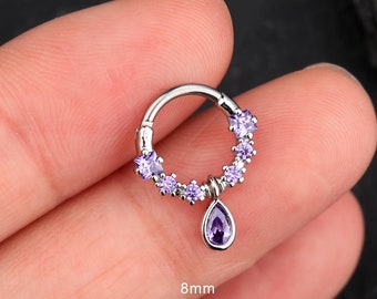 16G Teardrop Purple CZ Dangle Septum hoop/Septum Clicker/Dangle Daith Ring/Helix Earring/Septum Jewelry/Tragus/Conch Hoop/Minimalist Earring