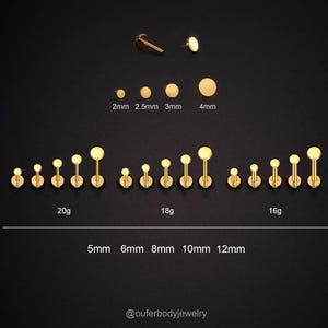 20G/18G/16G Titanium Tiny Gold Flat Disc Threadless Push Pin Labret Stud/2/2.5/3/4mm Tiny Dot Cartilage earring/Tragus/Helix/Conch/Nose Stud