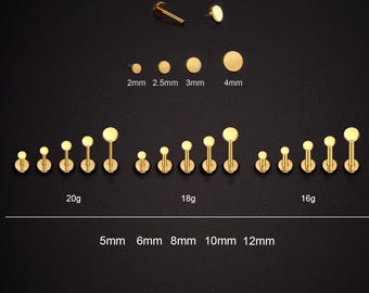 Piercing para labio con pasador de presión sin rosca, de titanio, dorado, pequeño, de 20 g, 18 g y 16 g, para cartílago, trago, hélix, caracola y nariz.