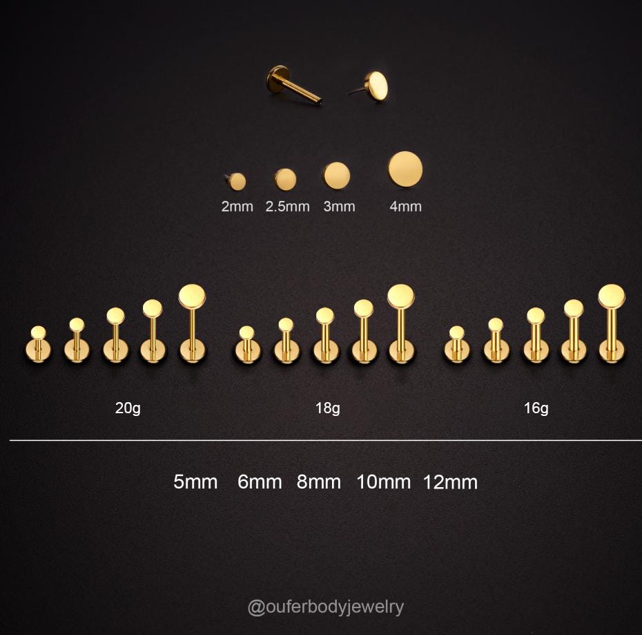 20G/18G/16G Titanium Tiny Gold Flat Disc Threadless Push Pin Labret Stud/2/2.5/3/4mm Tiny Dot Cartilage earring/Tragus/Helix/Conch/Nose Stud