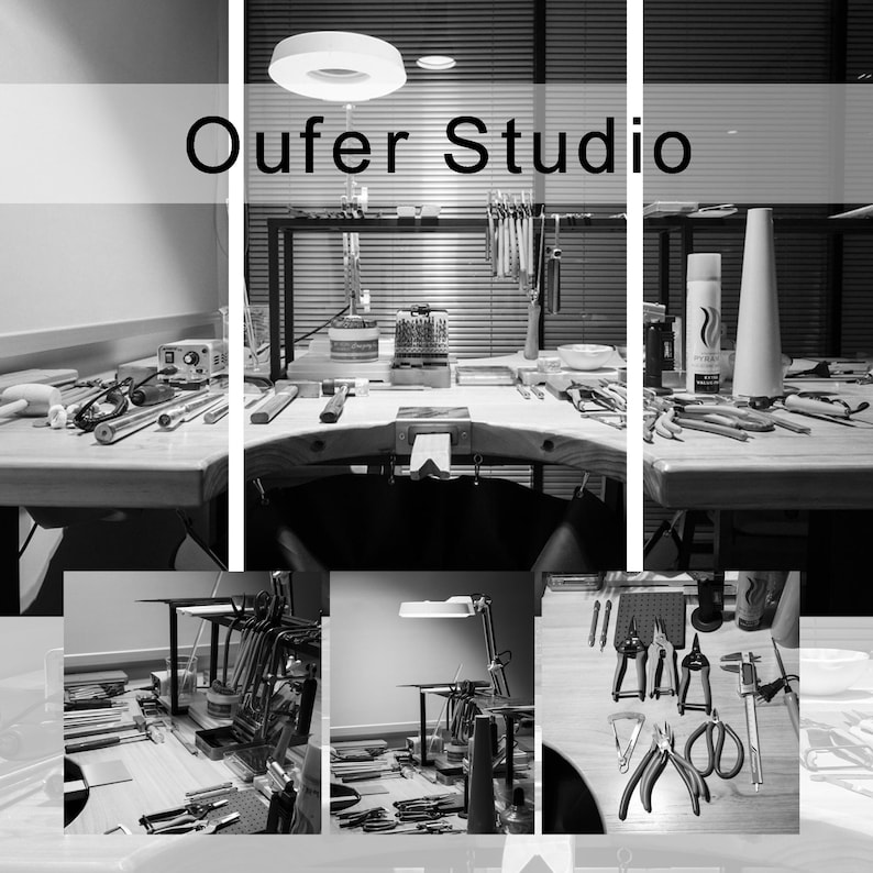 Puede incluir: Un collage fotogr&aacute;fico en blanco y negro de un estudio de joyer&iacute;a. El estudio est&aacute; bien equipado con herramientas y suministros. El texto "Oufer Studio" es visible en la parte superior central de la imagen.