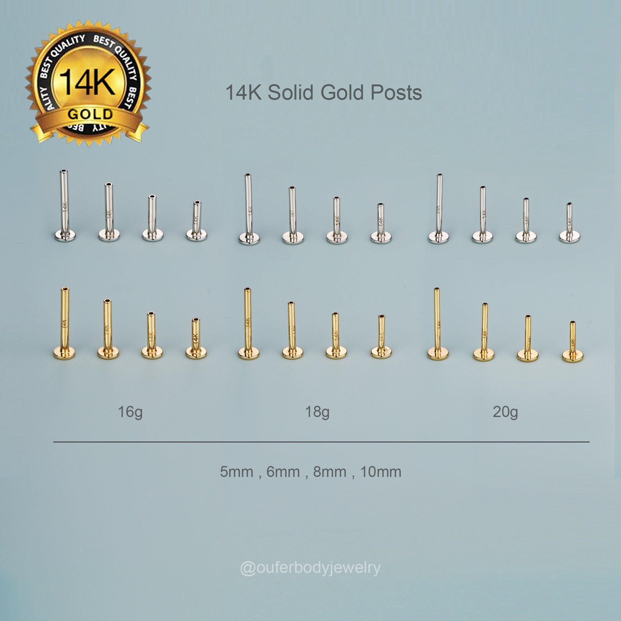 14K 16G 18G 20G THREADLESS Replacement/Threadless Post/Push Pin Back/Flat Back Studs/helix/conch/tragus/nose/lobe stud earring 5, 6, 8, 10mm