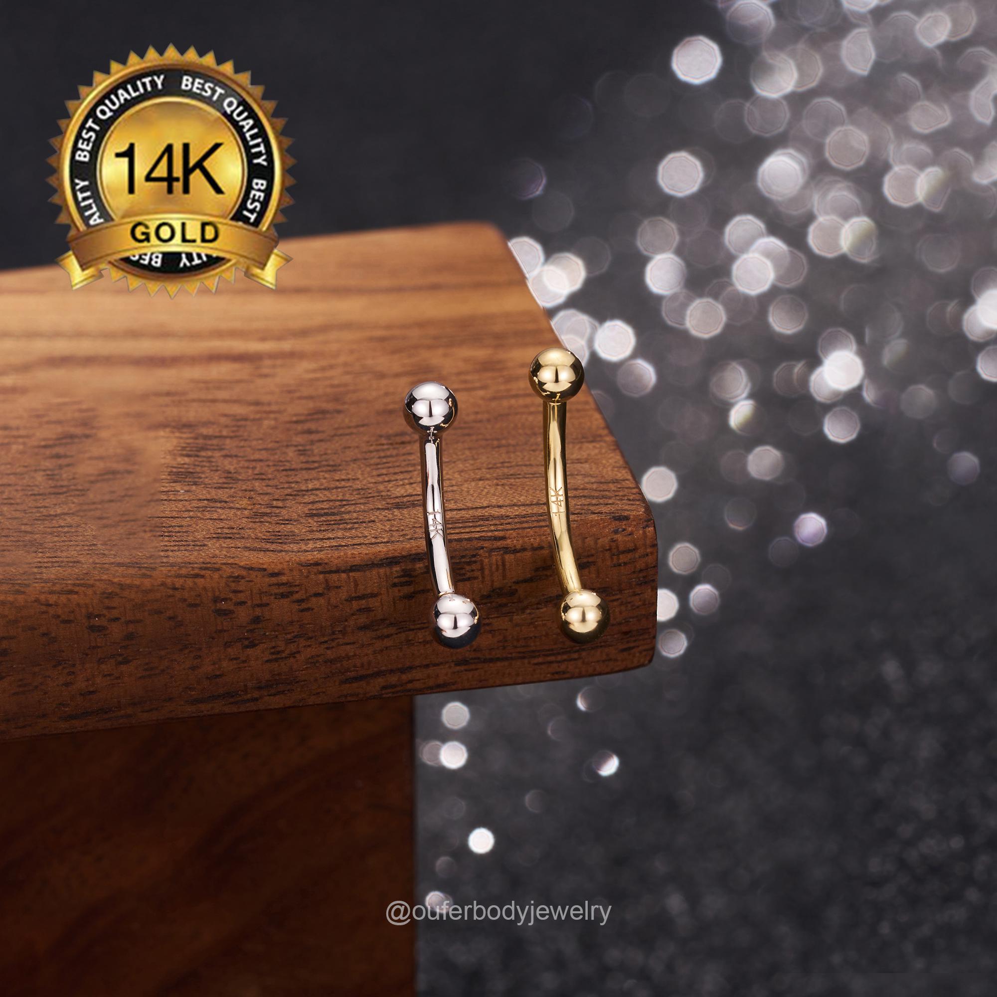 14K Solid Gold Plain Ball Ends Curved Barbell/16g Rook Earring