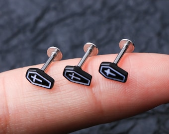 16G Spooky Coffin Labret  Stud/Cartilage Studs/Monroe Stud/Conch Studs/Tragus Studs/Helix Studs/Halloween Jewelry/Gift For Her/Minimalist