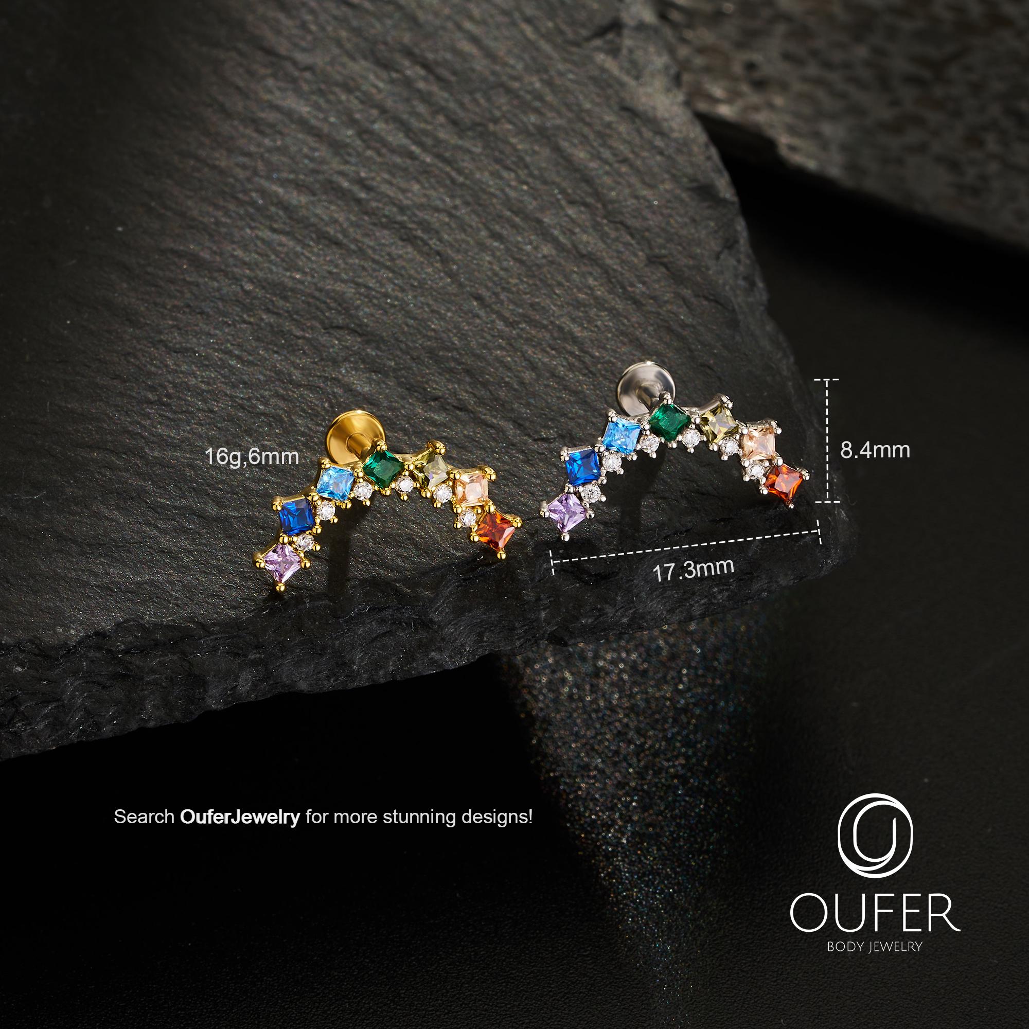 Rainbow CZ Ear Climber – 16G Curved Cartilage Earring, Inner Conch ...