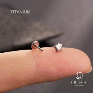 K&ouml;nnte beinhalten: Nahaufnahme von zwei kleinen, silberfarbenen K&ouml;rperschmuckst&uuml;cken. Eines ist ein flachr&uuml;ckenbesetzter Stecker mit einem Stab, das andere ist ein sternf&ouml;rmiger Stecker. Das Wort "TITANIUM" ist oben in Wei&szlig; aufgedruckt. Der Schmuck wird auf einem Finger pr&auml;sentiert.