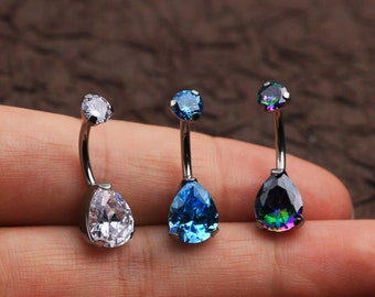 14G Titanium Internally Threaded Teardrop CZ Gem Belly Button Ring/Navel Rings/Belly Ring/Belly Button Jewelry/Belly Piercing/Gift For Her