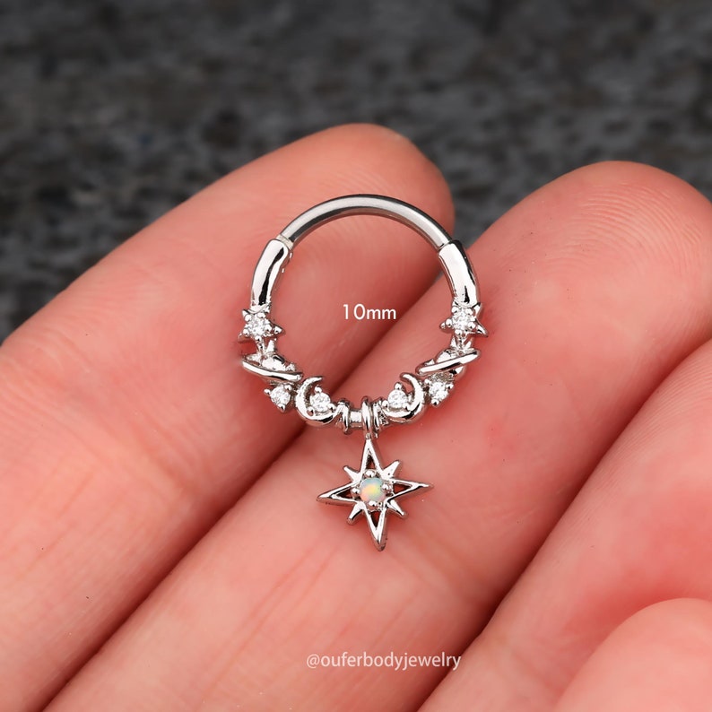 16G Star/Moon/Planet Dangle Septum Ring/Daith Earrings/Helix Hoop/Septum Clicker/Septum Jewelry/Silver Septum/Tragus/Conch Hoop/Gift for her zdjęcie 9