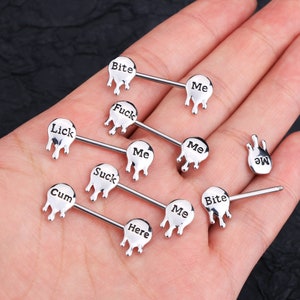 14G Heart Nipple Ring/Sexy Body Jewelry/Nipple Barbell/Nipple Jewelry/Barbell Piercing/Cum Here,Lick Me,Bite Me,Fuck Me,Suck It)Gift For Her