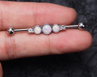 14g White Opal Industrial Piercing - Scaffold Earring - Industrial Barbell Surgical Steel - Industrial Earring- Barbell Piercing- Straight