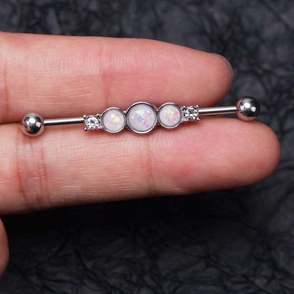 14g White Opal Industrial Piercing - Boucle d'oreille d'échafaudage - Industrial Barbell Surgical Steel - Industrial Earring- Barbell Piercing- Straight