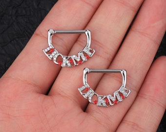 14G 2PCS Clear CZ Letter Nipple Rings Nipple Clickers Ring Fuck Me Cum here Lick me Bitch Nipple Piercing Nipple Barbell Barbell Ring