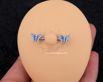 Blue Butterfly Nipple Ring/Nipple Jewelry/Nipple Piercing/Nipple Barbell/Sexy Body Jewelry/Nipple Shields/Barbell Piercing/Gift For Her