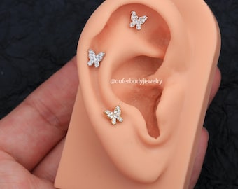 16G Diminuta mariposa CZ Rosca interna Perno de cartílago con parte posterior plana / Perno de trago / Perno de concha / Perno de hélice / Perno de labret / Pendiente delicado / Regalo para ella