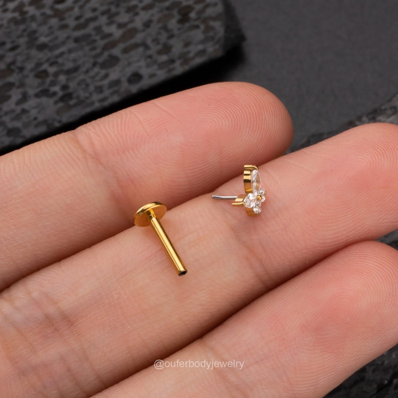 16G 18G Threadless Butterfly Push-In Labret/Tragus/Cartilage/Conch/Forward Helix Stud/Nose Piercing/Push Pin Flat Back Earring Silver Gold zdjęcie 6