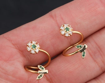 16G Spiral Helix Earring CZ Flower and Leaf Cartilage Earrings/ Lip Ring/ Belly Button Ring/ Cartilage Earring/Eyebrow, Rook, Helix piercing