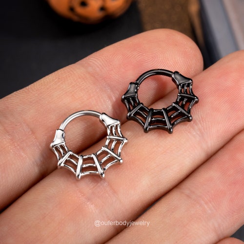 16G Spider Web Septum Ring Black Silver Clicker/Cartilage/Helix Earring/Daith Jewelry/Conch piercing/Tragus hoop/Spooky Halloween Jewelry