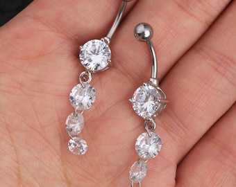 14G Round Clear CZ Dangle Belly Button Rings/ 14G Stainless Steel Bar / CZ Navel Piercing/ Belly Ring/ Navel Belly Ring/ Body Piercing