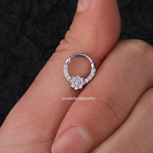 16G 8mm CZ Floral Daith Hoop/Daith Earring/Cartilage Hoop/Hinged Hoop/Helix Earring/Tragus Earring/Conch Hoop/Cartilage Earrings/Silver Hoop