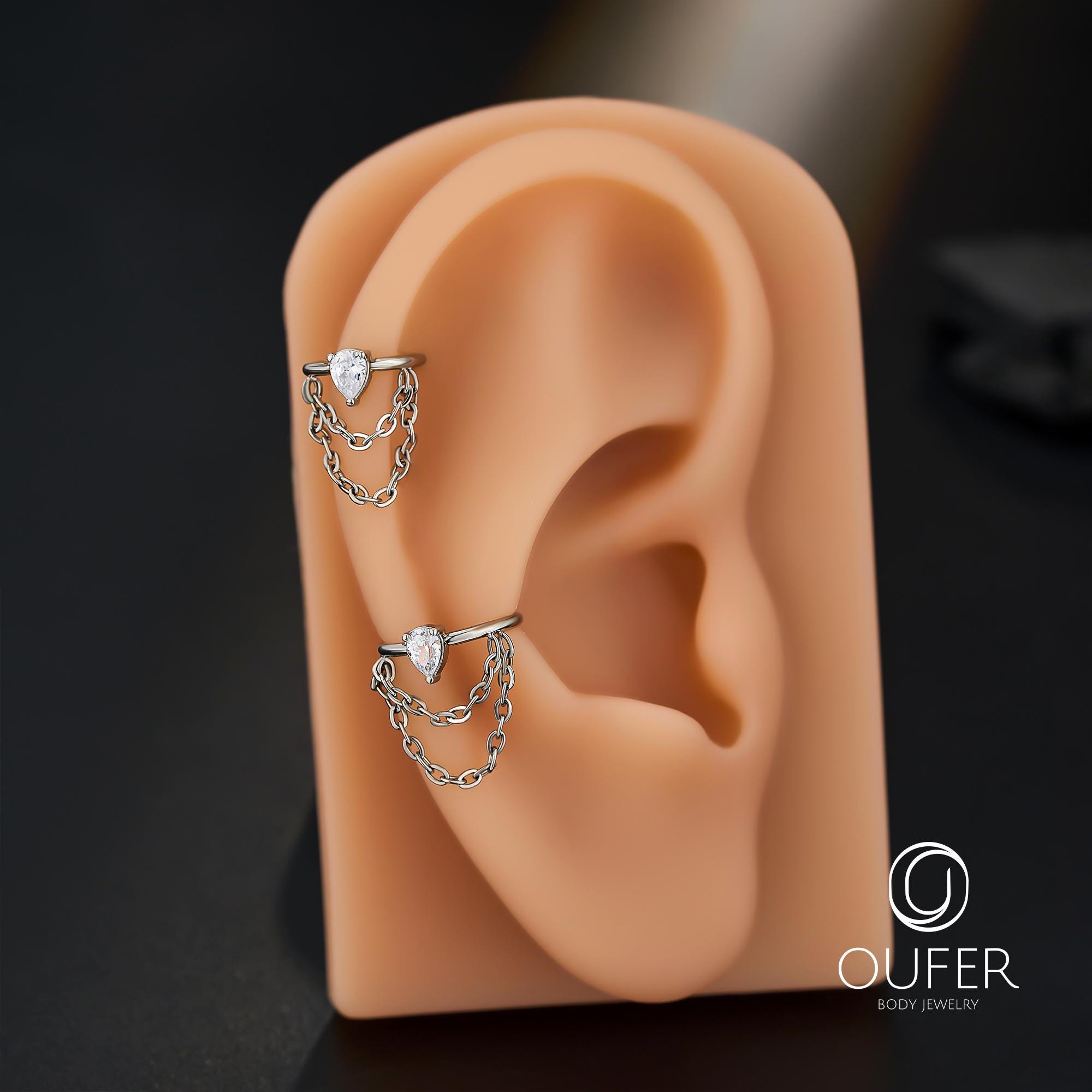 16G ペアシェイプCZダブルチェーンフープピアス – ヘリックス、コンク