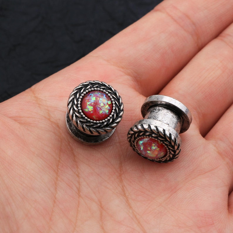 Burnished Olive Branch Ear Plugs GreenBlue PurpleOpal Stainless Steel Screw Fit Ear Expander