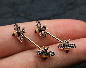 14G Gold Bee Nipple Ring/Nipple Jewelry/Nipple Barbell/Nipple Piercing/Gold Nipple Barbell/Sexy Body Jewelry/Barbell Piercing/Gift For Her