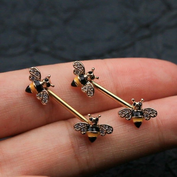 14G Gold Bee Nipple Ring/Nipple Jewelry/Nipple Barbell/Nipple Piercing/Gold Nipple Barbell/Sexy Body Jewelry/Barbell Piercing/Gift For Her