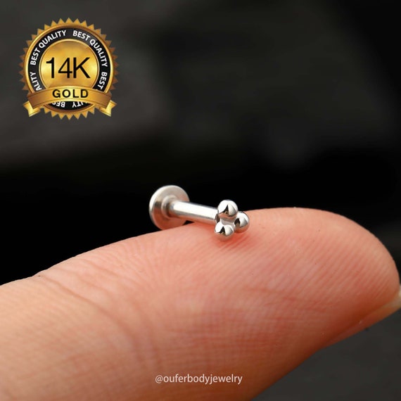 Tiny Trinity Threaded Flat Back Earring in 14k Gold