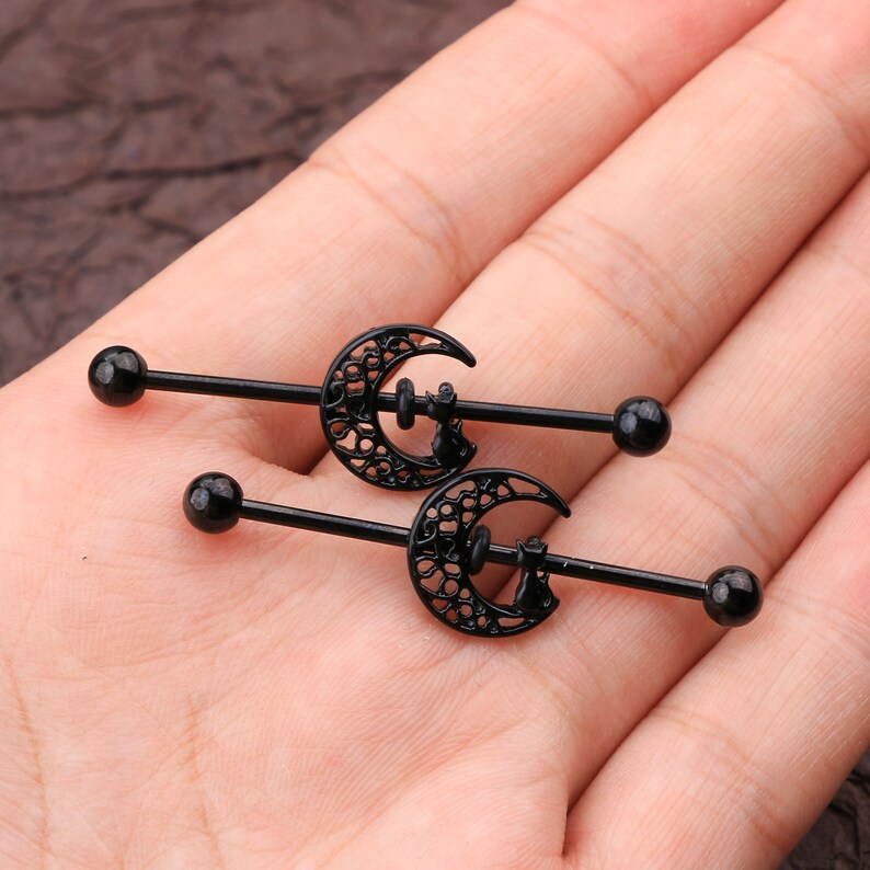 14G Cat & Moon Industrial Barbell/cartilage Earring/industrial Etsy
