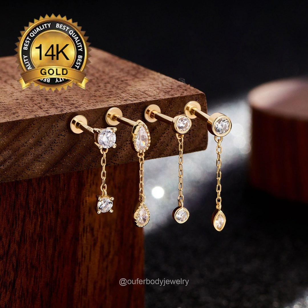 14K Gold Round CZ Threadless Dangle Stud Earring/push in Back/drop