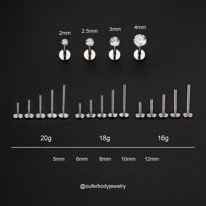 Puede incluir: Una variedad de tama&ntilde;os y calibres de joyer&iacute;a corporal de acero quir&uacute;rgico con piedras preciosas transparentes. Los tama&ntilde;os son 2 mm, 2,5 mm, 3 mm y 4 mm. Los calibres son 20 g, 18 g y 16 g. Las longitudes son 5 mm, 6 mm, 8 mm, 10 mm y 12 mm. @ouferbodyjewelry
