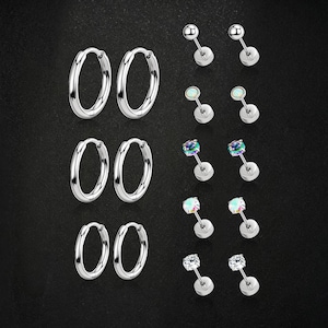 May include: A collection of silver-toned jewelry including three pairs of plain hoop earrings and five pairs of stud earrings. The studs feature various designs, including plain metal spheres, iridescent stones, and clear faceted crystals.