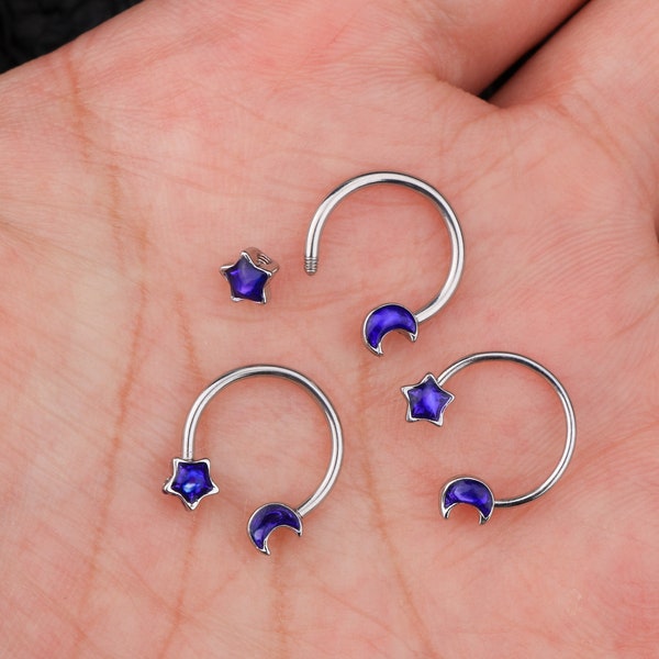 316L Stainless Steel Moon & Star Horseshoe Circular Barbell Daith Earrings/Classic Star Horseshoe / Helix Piercing/ 16,18,20G/ Septum Ring