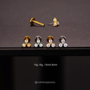 16G/18G Threadless Trinity Flower Opal/CZ Stud/Gold Flower Cartilage Stud/Push Pin Labret Stud/Nose/Tragus/Conch/Helix Flat back Earring