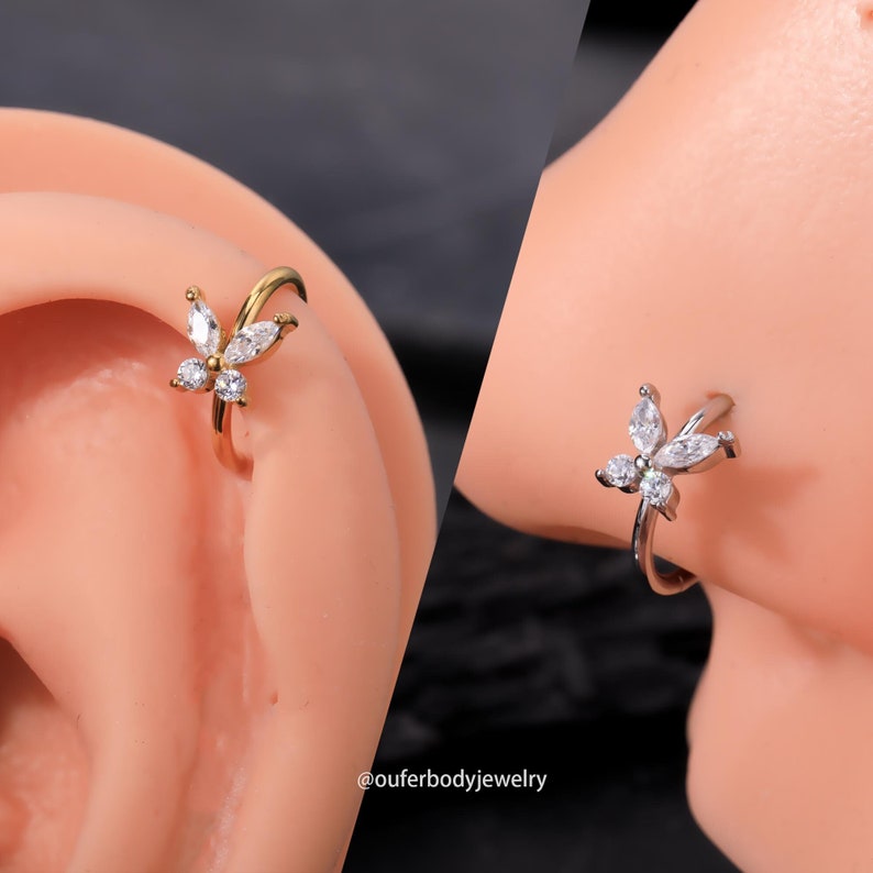 18G 20G Butterfly CZ Nose Ring/Nose Hoop/Helix Hoop Earring/Cartilage Earring/Conch/Tragus/Rook Hoop Earring/Silver Nose Ring/Gold Earrings image 1