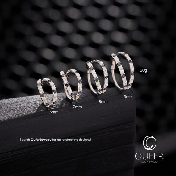 20G Double Hoop Nose Ring Paved Black Cz&opal Hinged Clicker