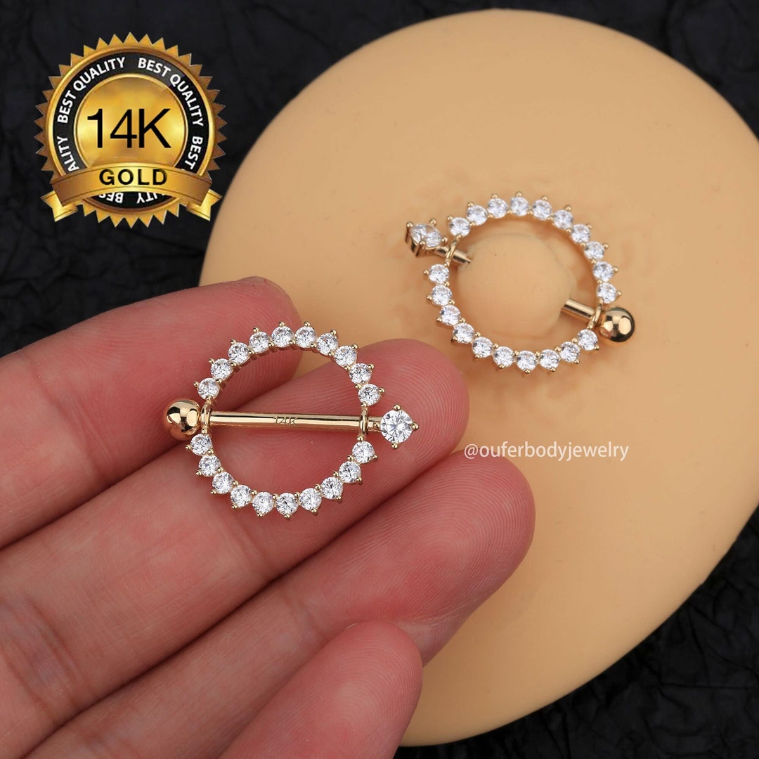 2PC 14K Gold Clear Gem Sunburst Nipple Rings/14g Nipple Jewelry/nipple