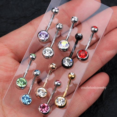 1pc 14G 14K Black Steel Belly Button Ring – Single CZ Gem Navel Piercing Stud