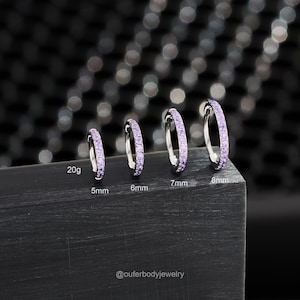 20G Lilac CZ Cartilage Earring/Nose Ring/Septum Ring/Lavender CZ Hoop Earring/Tragus Hoop/Daith Hoop/Helix/Conch Hinged Hoop Clicker/Gift