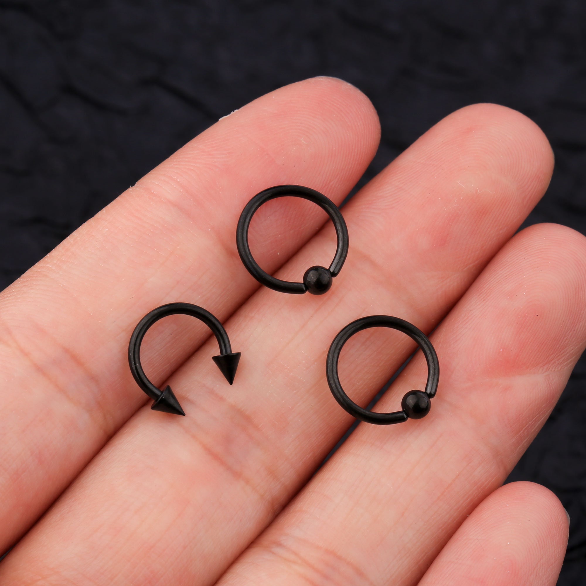 3pcs 16G Black Spike Horseshoe & Captive Bead Rings/lip Ring