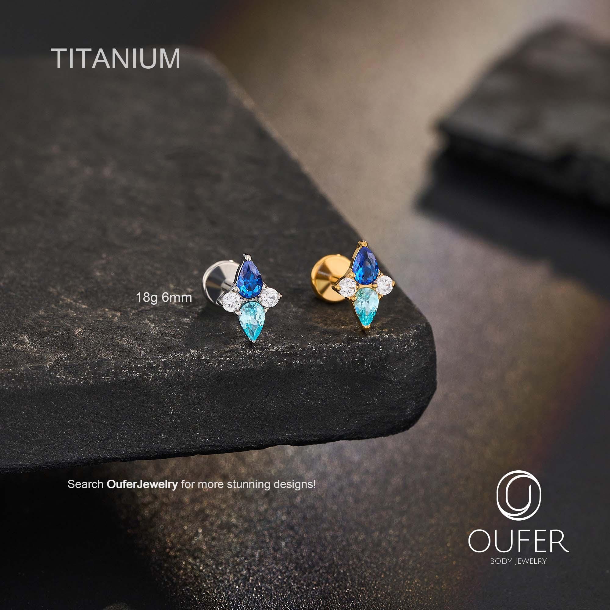 18G 6mm チタン製ブルーCZネジなしノーズスタッド – プッシュイン式