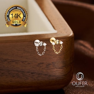 Pendiente colgante pequeño de oro macizo de 14 quilates con circonita cúbica / Labret sin rosca con pasador de presión, parte trasera plana / Piercing para nariz, tragus, concha, hélix anterior o cartílago