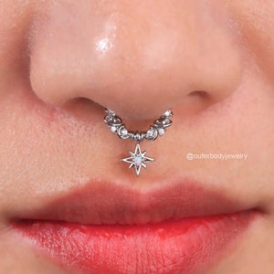 16G Star/Moon/Planet Dangle Septum Ring/Daith Earrings/Helix Hoop/Septum Clicker/Septum Jewelry/Silver Septum/Tragus/Conch Hoop/Gift for her zdjęcie 4