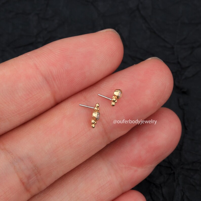 14K Gold CZ Beads Threadless Push Pin Labret Stud/Nose/Tragus/Cartilage/Conch/Helix Piercing/earlobe studs/Threadless end/Flat Back earrings image 7