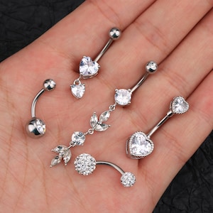 5PC 14G Silver Belly Button Rings Set/Dangle Belly Ring/CZ Navel Piercing/Belly Ring/Navel Belly Ring/Body Piercing/Belly Button Jewelry
