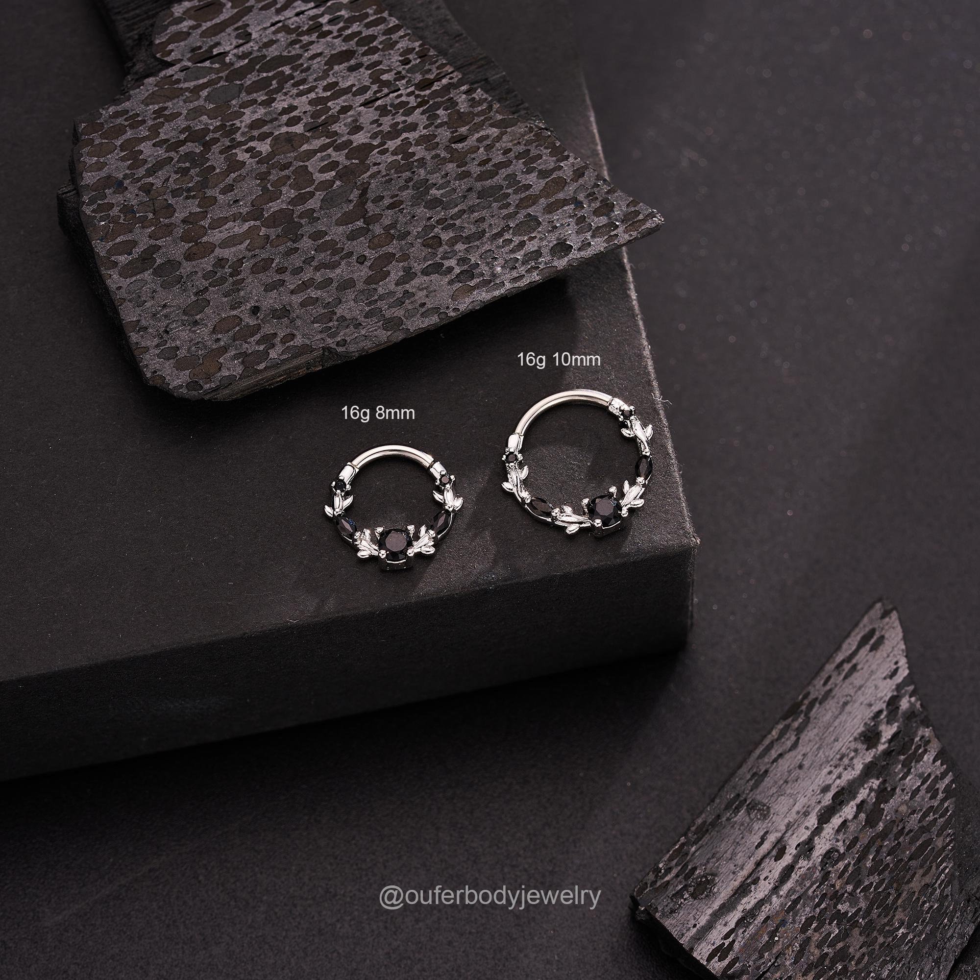 1PCS 16G Stainless Steel Flower Leaf Black CZ Septum Hinged Ring/Septum Jewelry/Septum Piercing/Daith Earring/Cartilage/Helix/Conch Hoops