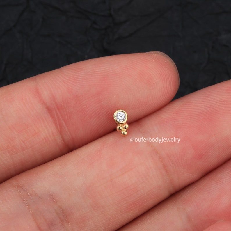 14K Gold CZ Beads Threadless Push Pin Labret Stud/Nose/Tragus/Cartilage/Conch/Helix Piercing/earlobe studs/Threadless end/Flat Back earrings Style A